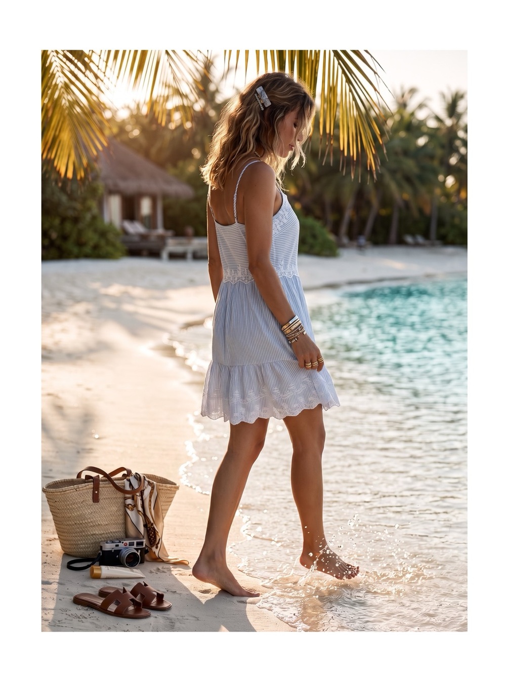 Joie ミ Floral Embroidery Lace Spaghetti Strap Sundress ミ Blue White Stripe ミ S